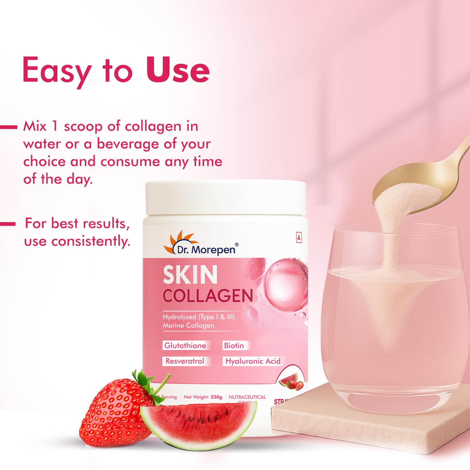 DR. MOREPEN Skin Collagen Powder with Glutathione, Hyaluronic Acid, Resveratrol & Biotin for Skin, Hair & Joint Support, Strawberry Watermelon Flavour, 31 Servings – 250g