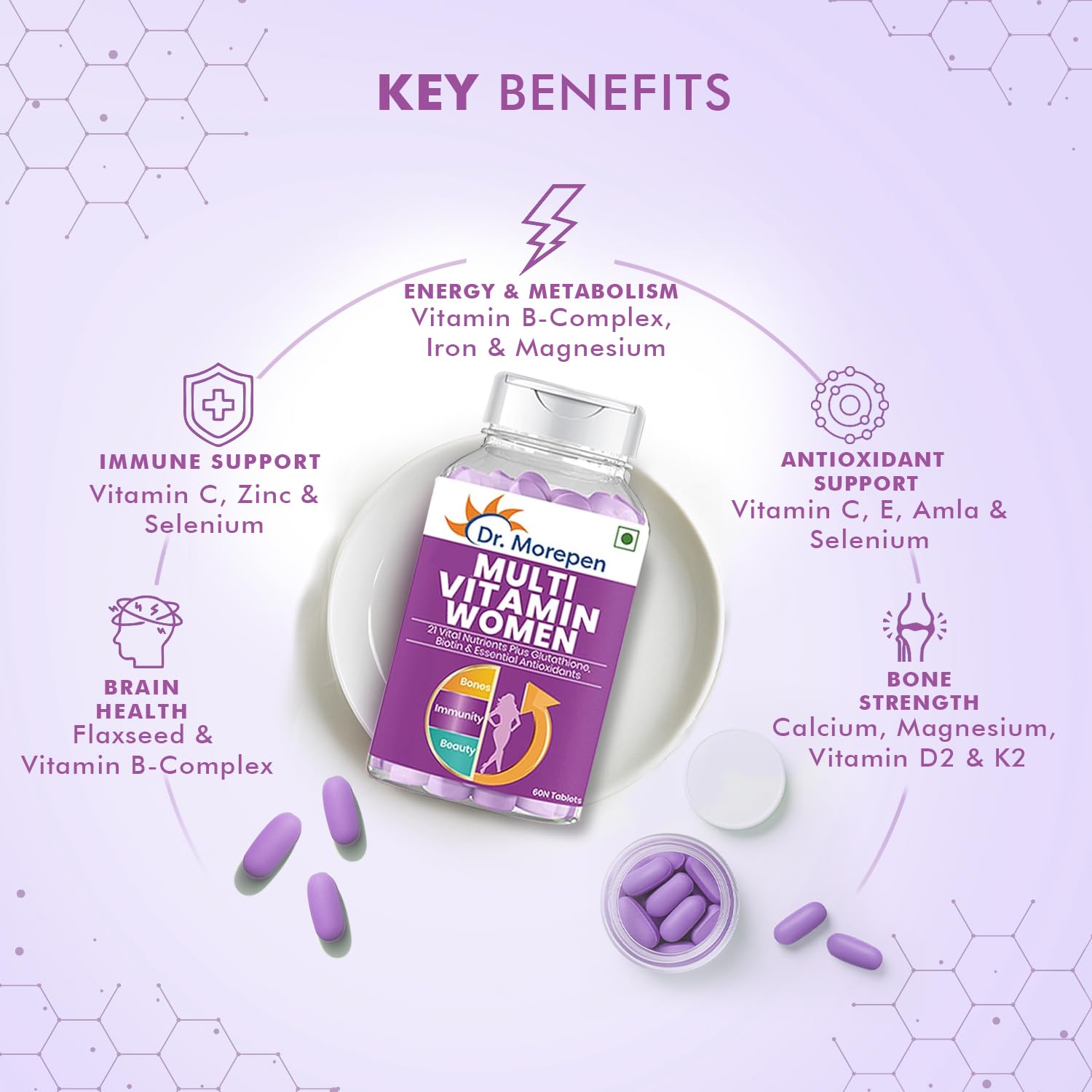 DR. MOREPEN Multivitamin Tabs for Women with Calcium, Vitamin D3 & 21 other Nutrients | Energy & Immunity Booster Supplement | 60 Tablets