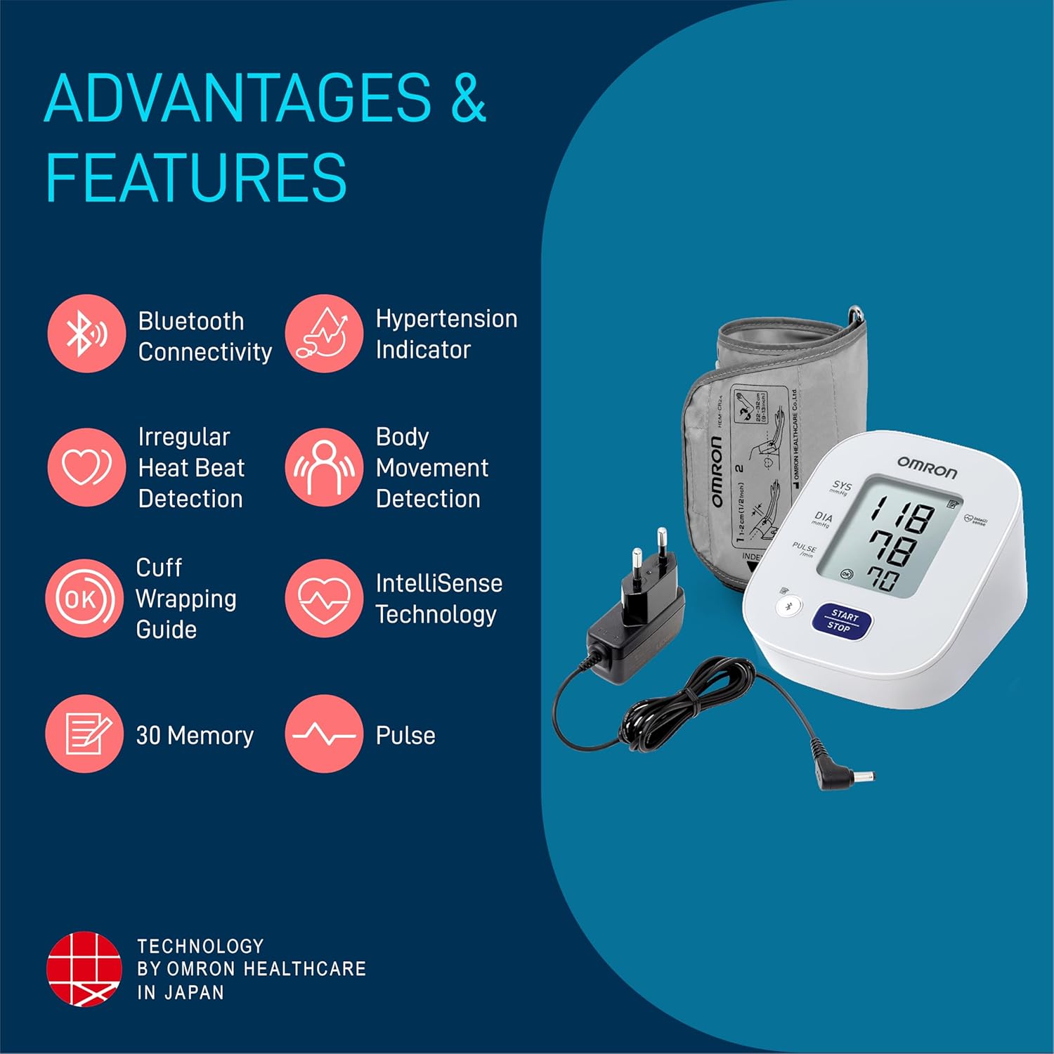 Omron HEM 7143T1A Arm Digital Bluetooth Blood Pressure Monitor with Cuff Wrapping Guide & Intellisense Technology For Most Accurate Measurement (Adapter Included)