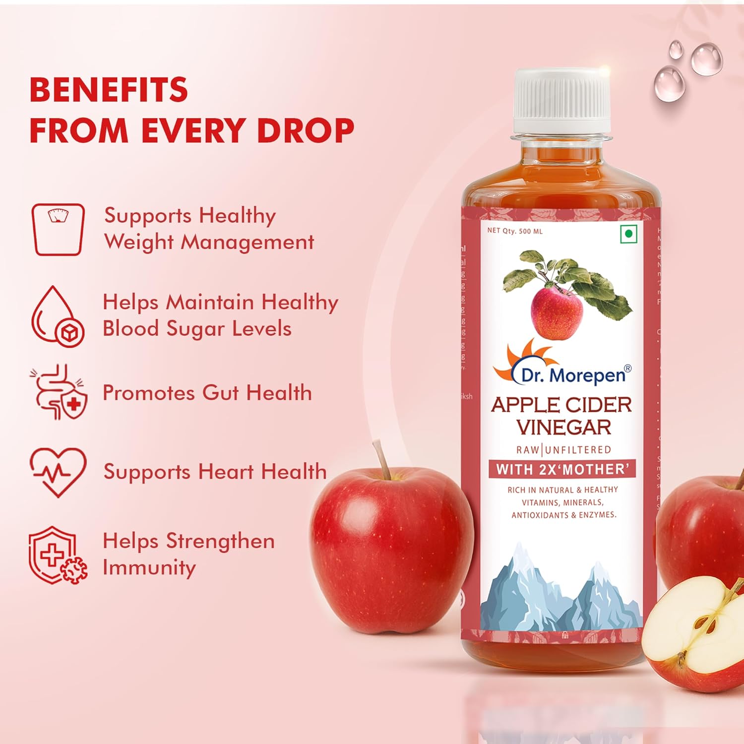 Dr. Morepen Apple Cider Vinegar With 2x Mother for Weight Management, Immunity, Skin & Hair - 500 ml