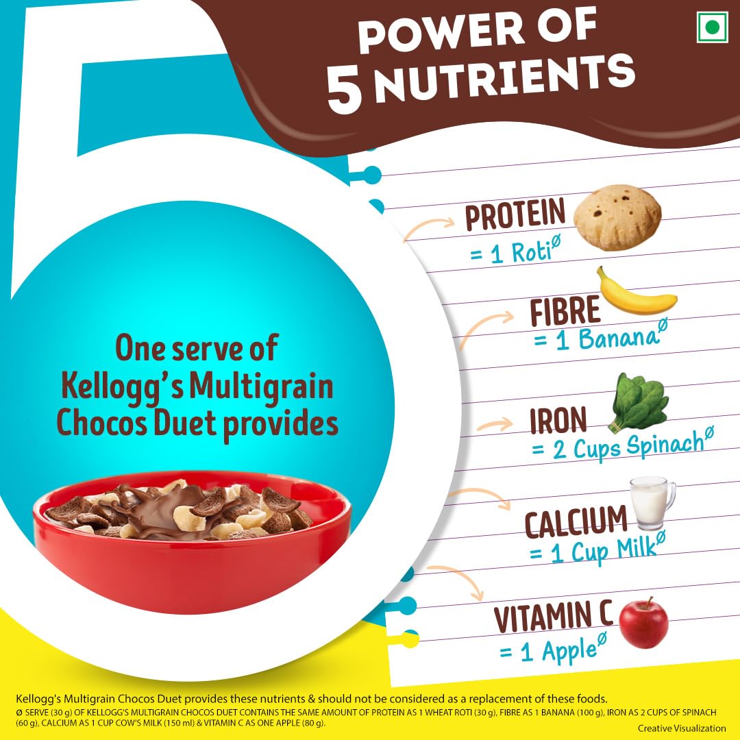 Kellogg's Multigrain Chocos Duet, Breakfast Cereal for Kids, Source of Calcium, High in Protein, with 10 Essential Vitamins & Minerals - 375 gm