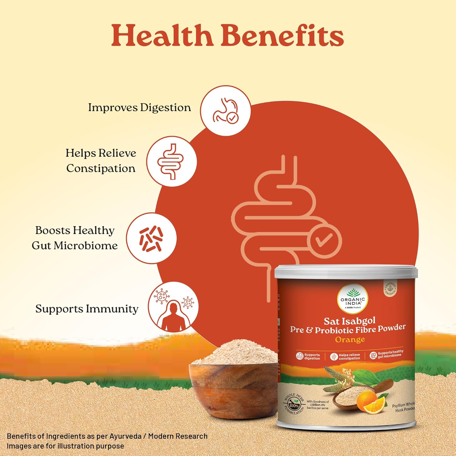 Organic India Sat Isabgol Pre & Probiotic Fibre Powder Orange - 100 gm