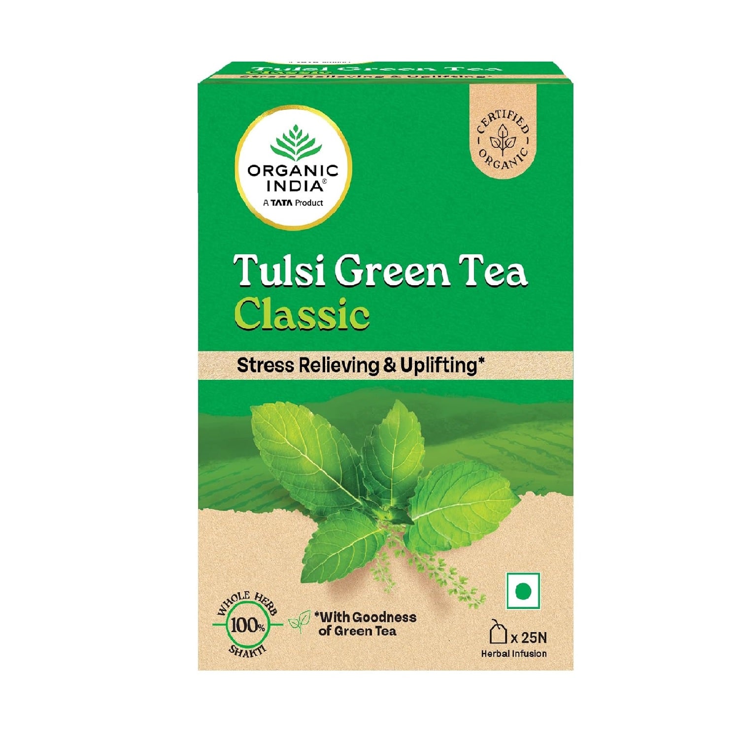 Organic India Tulsi Green Tea Classic - 25 Tea Bags, Uplifts Mood, Rich in Antioxidants, Blend of Rama, Krishna & Vana Tulsi, Certified Organic