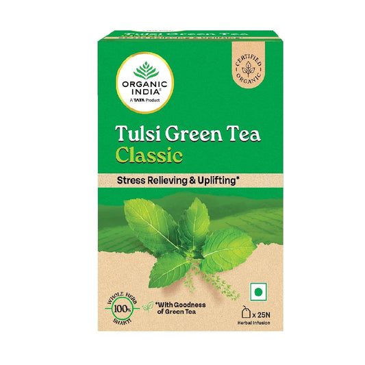 Organic India Tulsi Green Tea Classic - 25 Tea Bags, Uplifts Mood, Rich in Antioxidants, Blend of Rama, Krishna & Vana Tulsi, Certified Organic