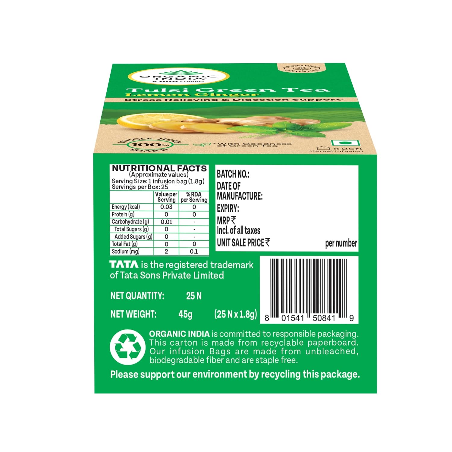 Organic India Tulsi Green Tea Lemon Ginger - 25 Teabags, Herbal Blend
