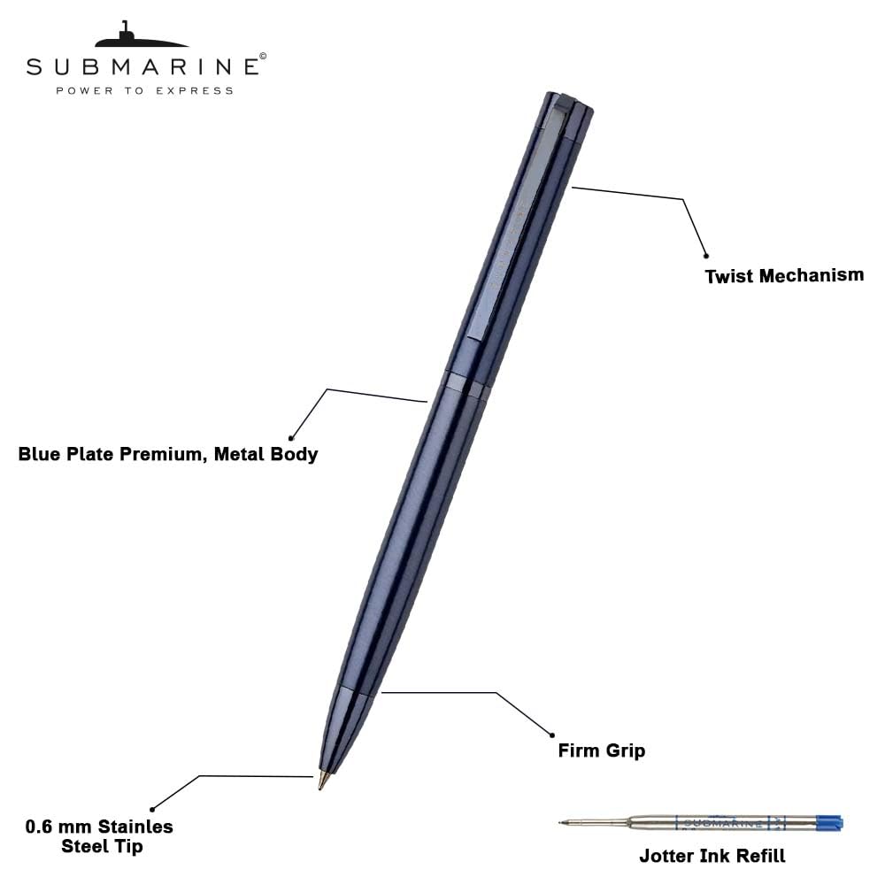 Submarine 1012 Blue Plate Premium Ball Pen, Metal Body With Blue Ink Jotter Refill,