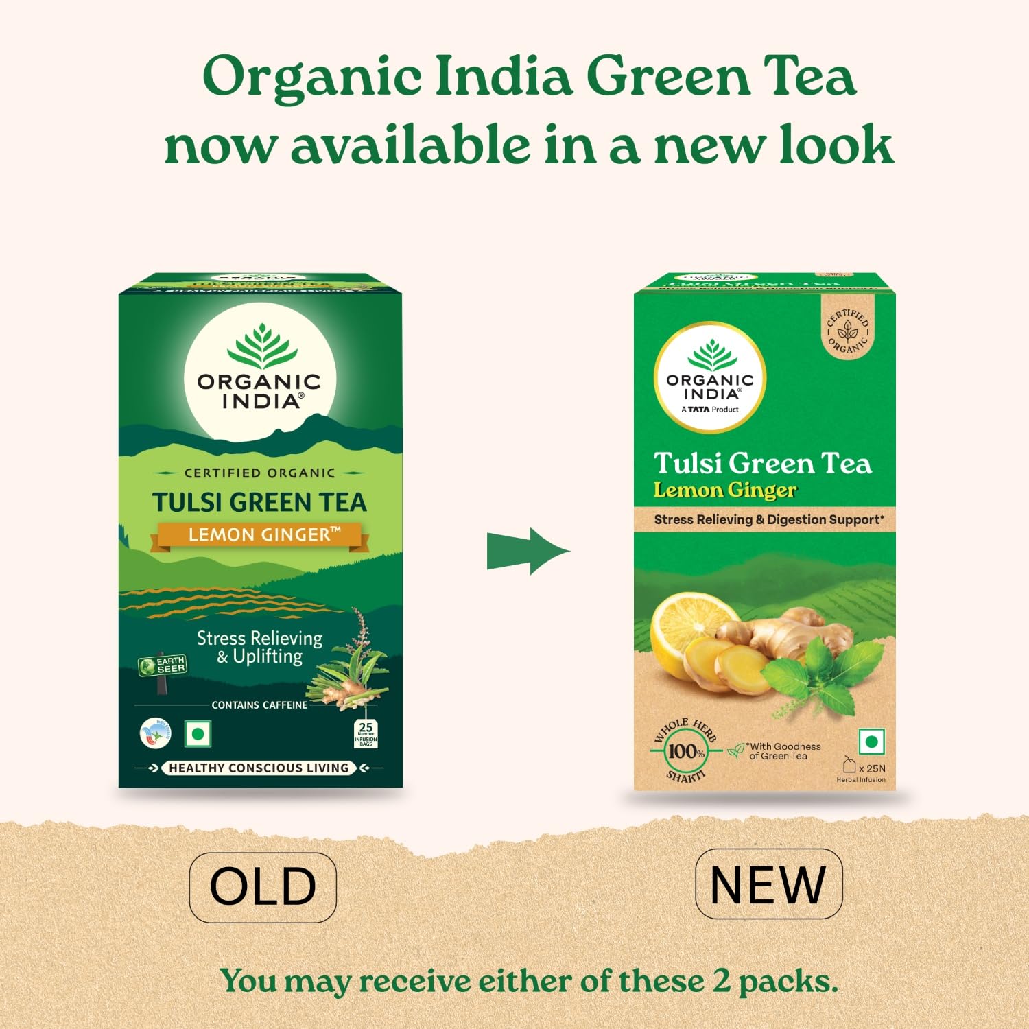 Organic India Tulsi Green Tea Lemon Ginger - 25 Teabags, Herbal Blend