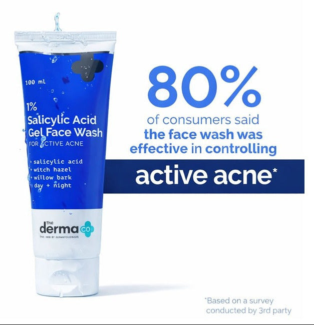 The Derma Co 1% Salicylic Acid Gel Face Wash with Salicylic Acid & Witch Hazel for Active Acne - 100 ml
