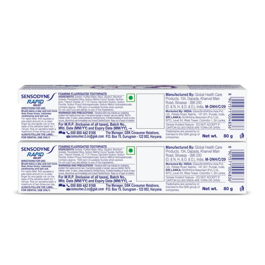 Sensodyne Toothpaste Rapid Relief | Fast Sensitivity Relief Tooth Paste Combo Pack - 160gm (80gm x 2) | Fresh Taste | Dentist Recommended