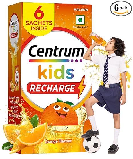 Centrum Kids Recharge: Fizzy Drink Mix with No Added Sugar for Energy, Immunity, Hydration - Anytime, Anywhere!! - ORANGE FLAVOUR - Pack of 6 sachets