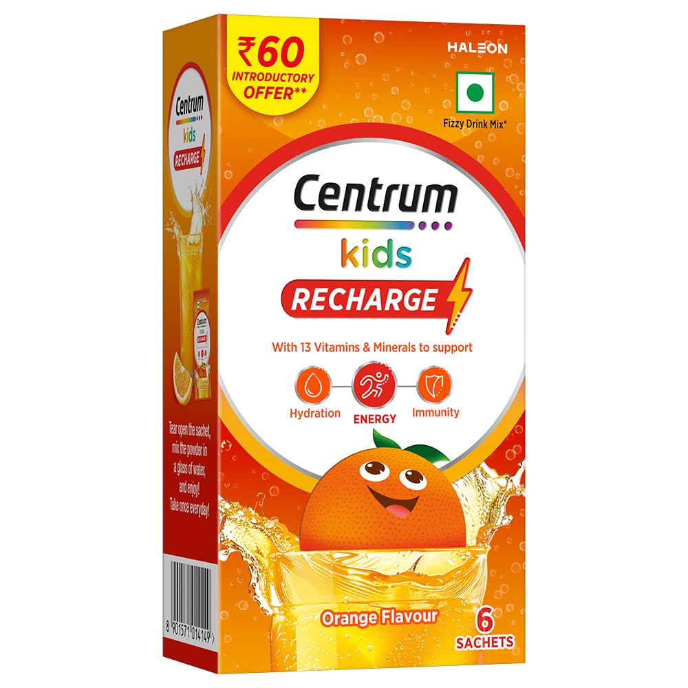Centrum Kids Recharge: Fizzy Drink Mix with No Added Sugar for Energy, Immunity, Hydration - Anytime, Anywhere!! - ORANGE FLAVOUR - Pack of 6 sachets
