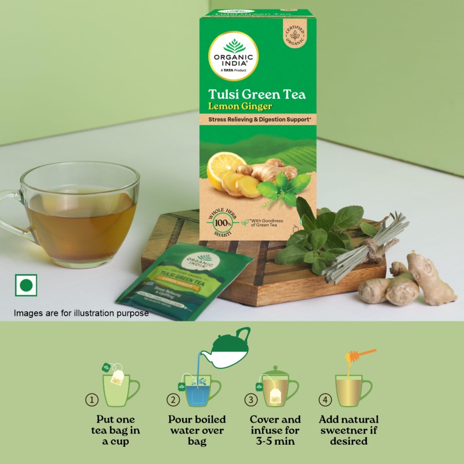 Organic India Tulsi Green Tea Lemon Ginger - 25 Teabags, Herbal Blend