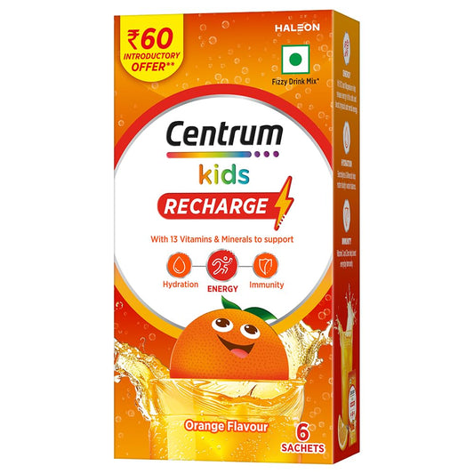 Centrum Kids Recharge: Fizzy Drink Mix with No Added Sugar for Energy, Immunity, Hydration - Anytime, Anywhere!! - ORANGE FLAVOUR - Pack of 6 sachets