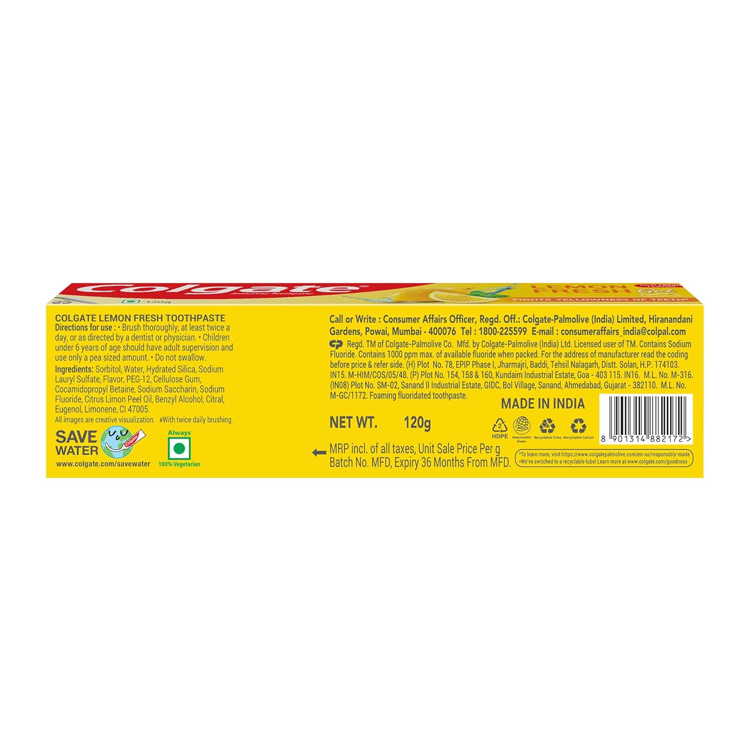 Colgate Lemon Fresh Gel Toothpaste | Tooth Paste Fights Yellowness of Teeth 120gm
