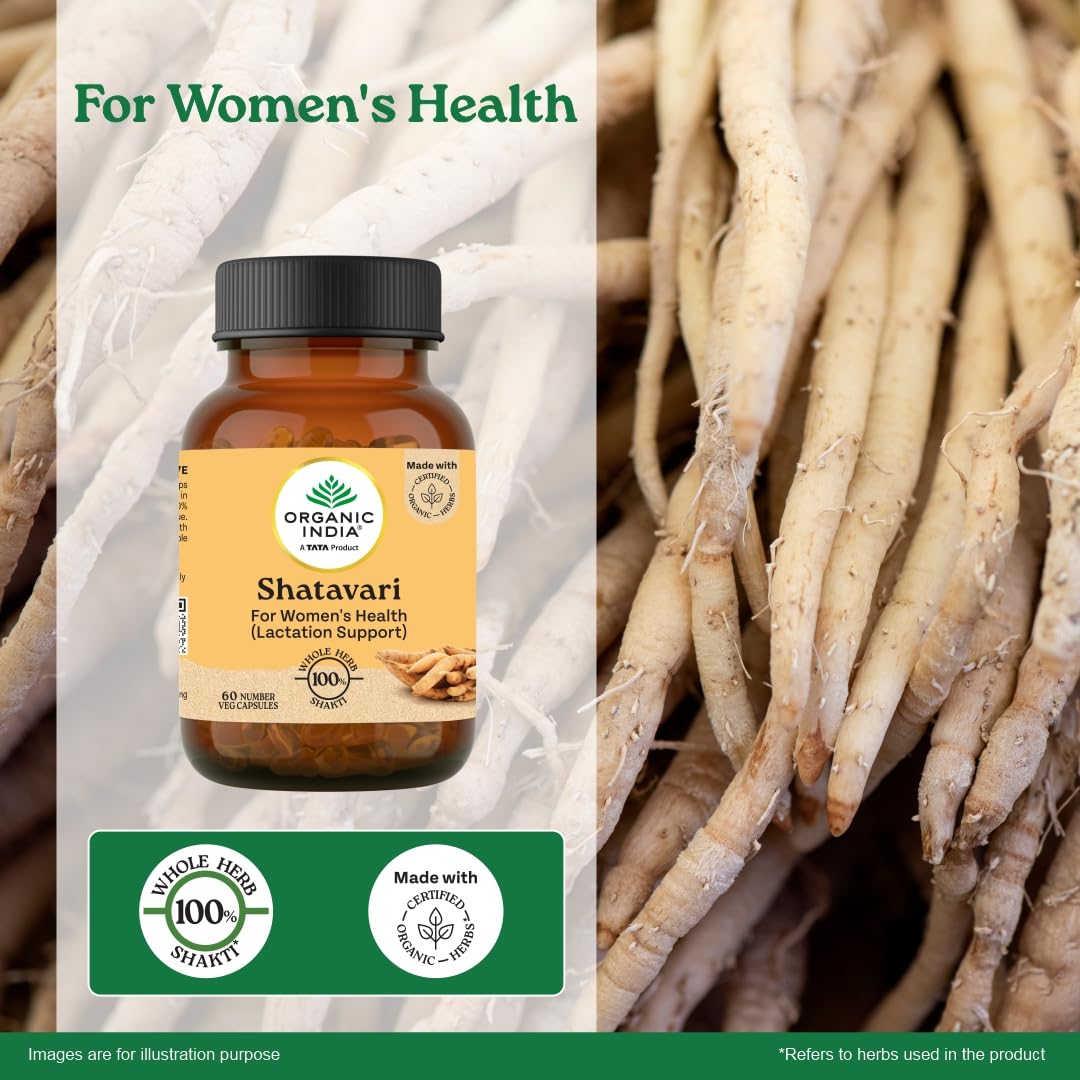 Organic India Shatavari - 60 Veg Capsules, With Plant Based Estrogens, Helps Boosts Health and Vitality For Women Of All Ages & Restore Hormonal Balance, GMP & NPOP Certified Organic
