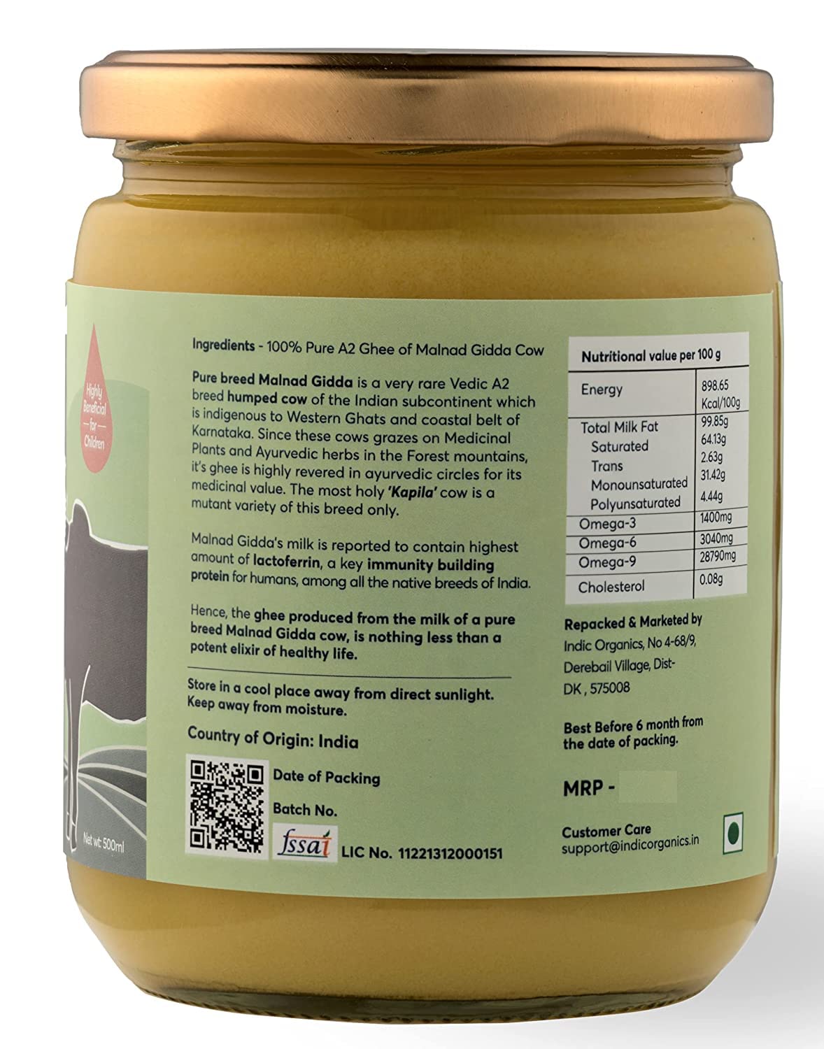 Indic Organics Forest Grazing Malnad Gidda Desi Cow's A2 Ghee | Pure Desi Cow Ghee | Cultured Premium Ghee - 250 ml - Pack of 1