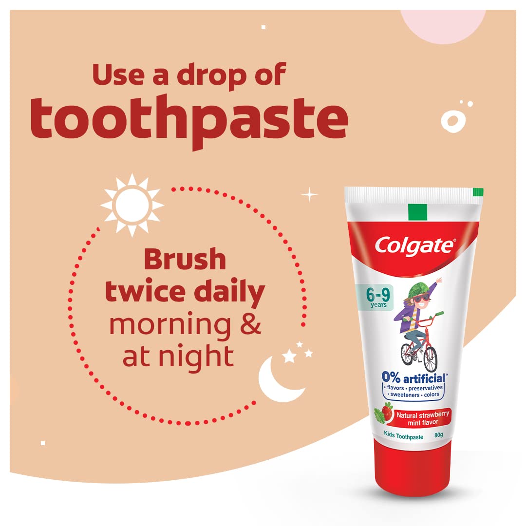 Colgate Kids Toothpaste with 0% Artificial Preservatives, Colours, Sweeteners for Whitening (6-9 Years, Natural Strawberry Mint Flavour - 80g