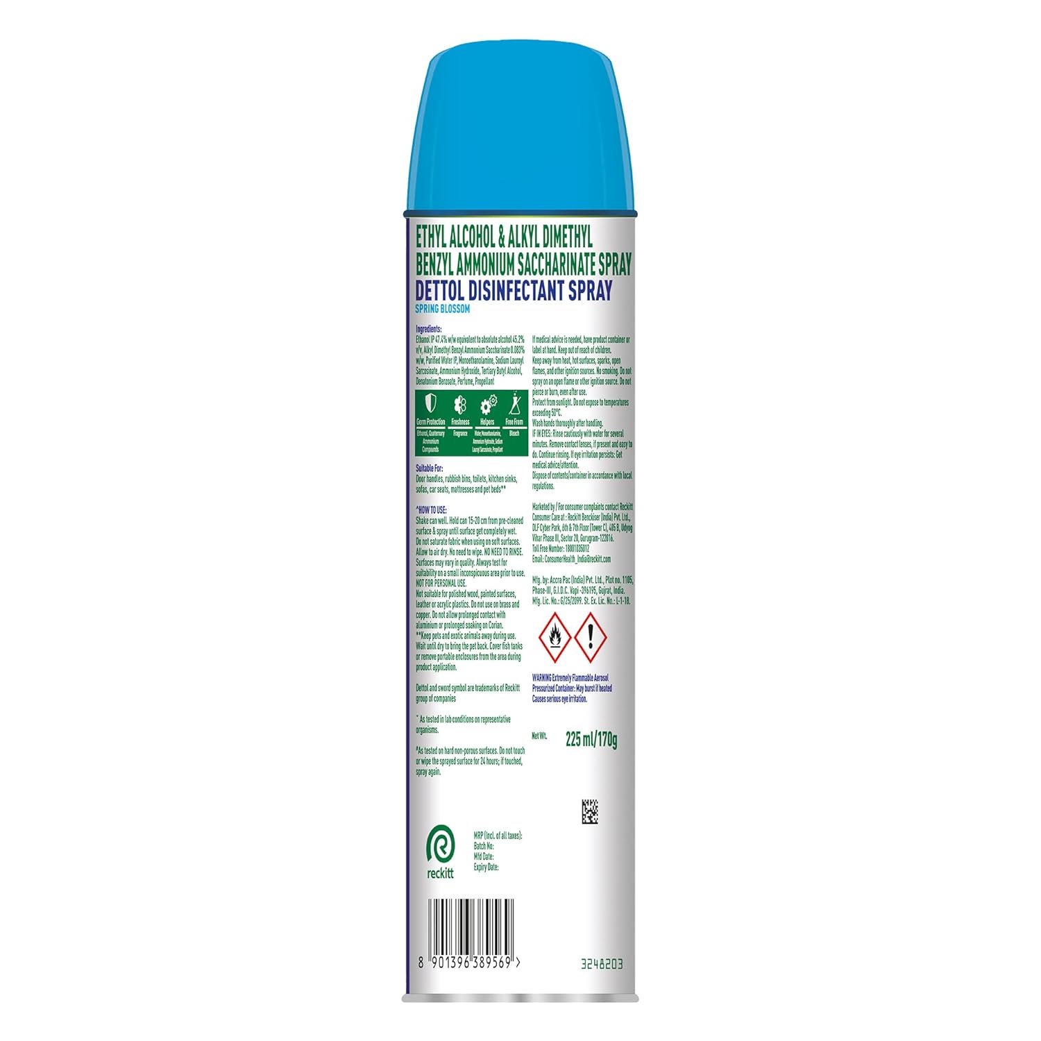 Dettol Disinfectant Sanitizer Spray Bottle | Kills 99.9% Germs & Viruses | Germ Kill on Hard and Soft Surfaces (Spring Blossom, 225ml)