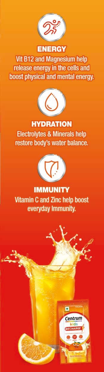 Centrum Kids Recharge: Fizzy Drink Mix with No Added Sugar for Energy, Immunity, Hydration - Anytime, Anywhere!! - ORANGE FLAVOUR - Pack of 6 sachets