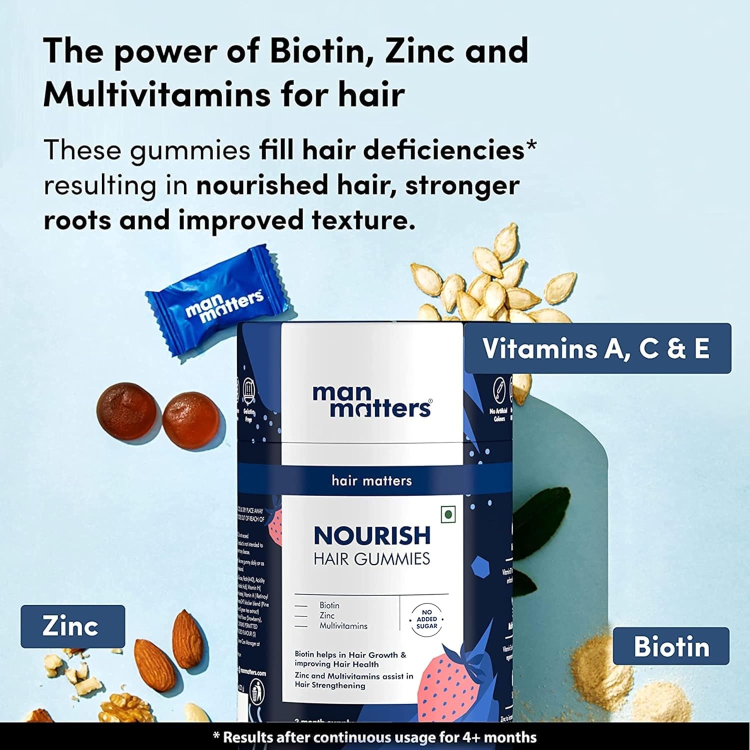 Man Matters Biotin Nourish Hair Gummies - Strawberry Flavor With Zinc & Multivitamins - 60 Gummies