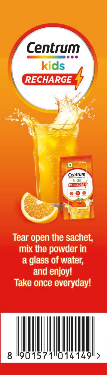 Centrum Kids Recharge: Fizzy Drink Mix with No Added Sugar for Energy, Immunity, Hydration - Anytime, Anywhere!! - ORANGE FLAVOUR - Pack of 6 sachets