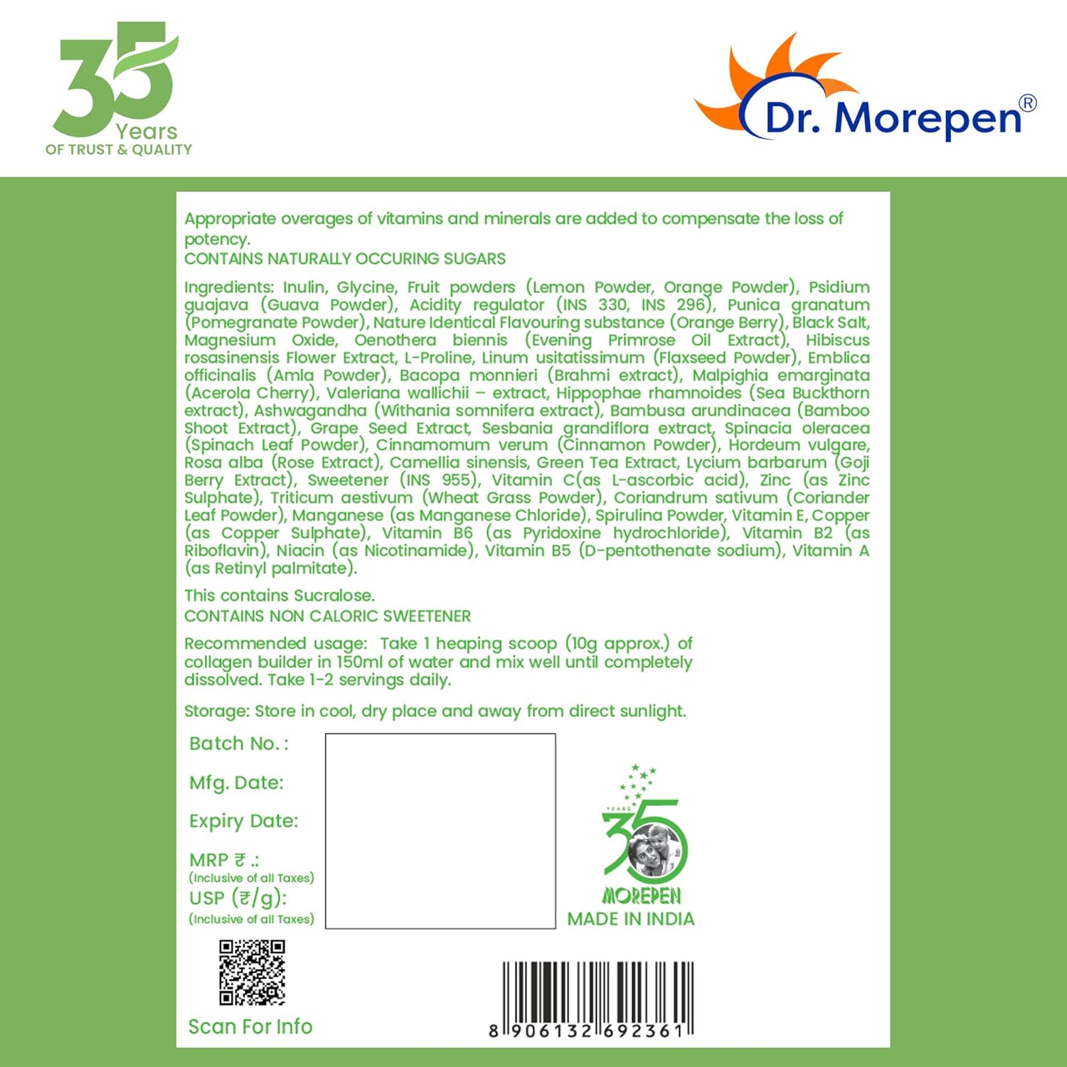 DR. MOREPEN Combo of Biotin+ 60 Veg Tablets & Natural Collagen Builder, Plant Based Collagen Powder Orange Berry Flavour - 250gm