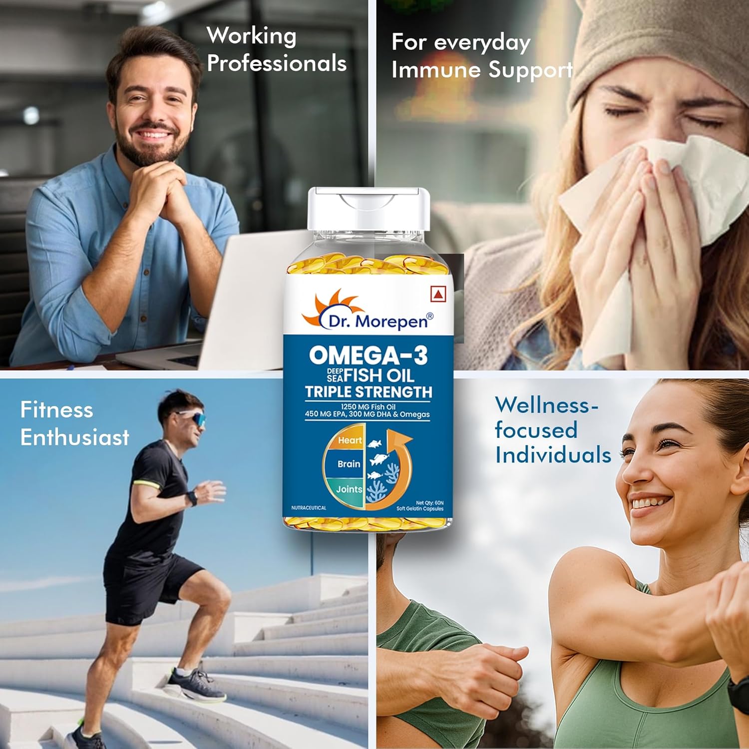 Dr. Morepen Omega-3 Fish Oil | 1250mg Triple Strength Fish Oil Softgel Capsules (450mg EPA & 300mg DHA) | For Joint & Heart Health (60 Capsules)