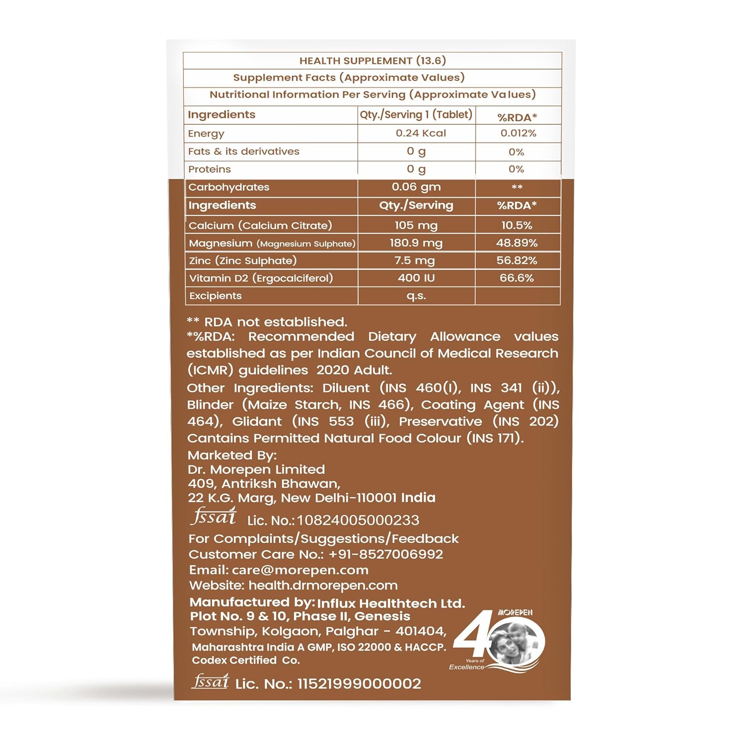 Dr. Morepen Calcium+ Advanced Tabs with Vitamin - D2, Magnesium & Zinc - 120 Veg Tablets for Women & Men Calcium & Vitamin D Tablets to support Strong Bones, Joints & Muscles