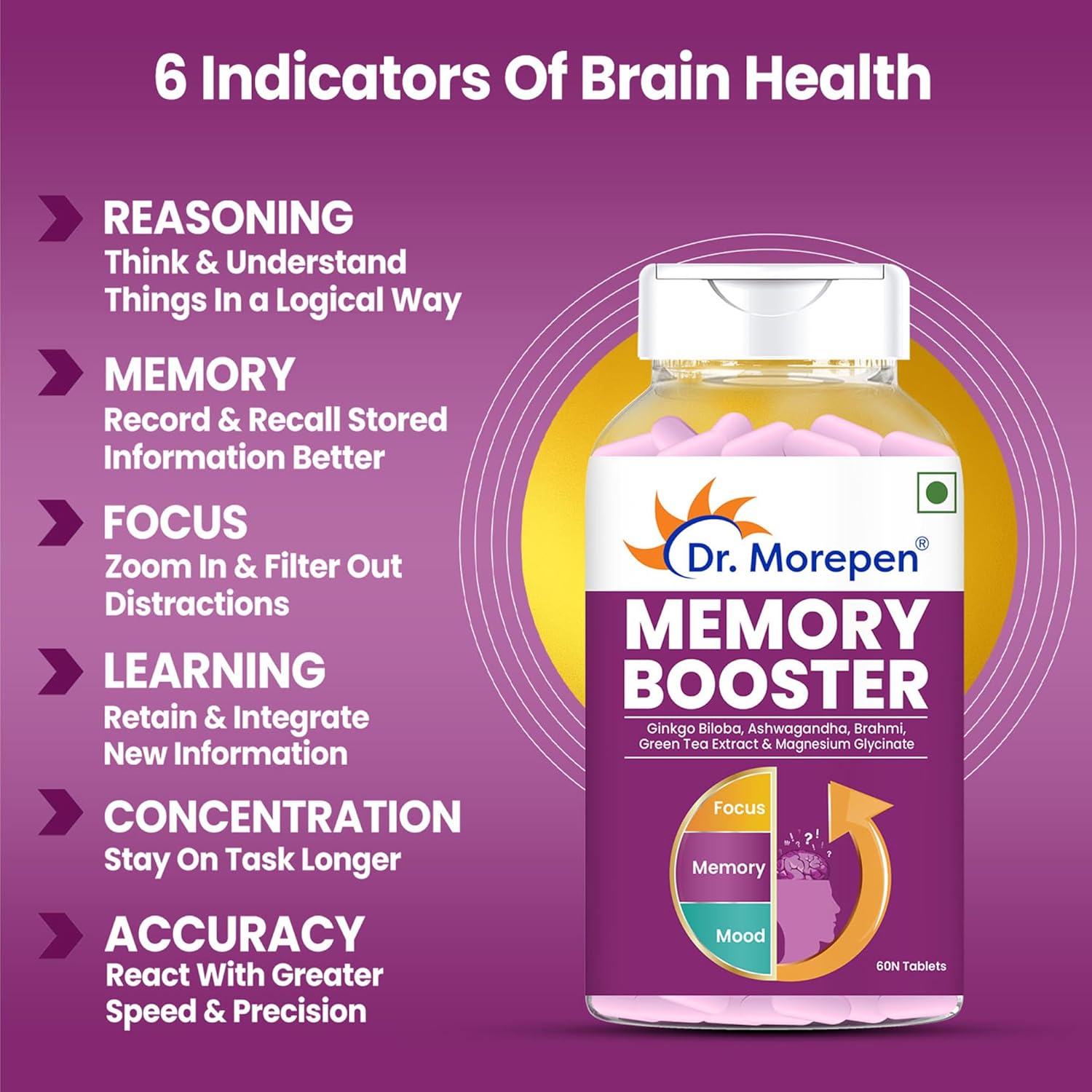DR. MOREPEN Memory, Focus & Mood Tablets Enriched With GABA, Ashwagandha, Chamomile & Brahmi-Vitamins B1, B2, B3, Magnesium | Safe For Brain Health, Non-GMO & Preservatives Free-60 Tablets
