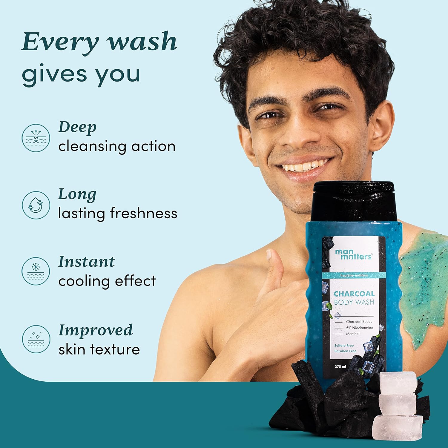 Man Matters Charcoal Body Wash With Menthol, 5% Niacinamide, Instant Cooling - 250 ml