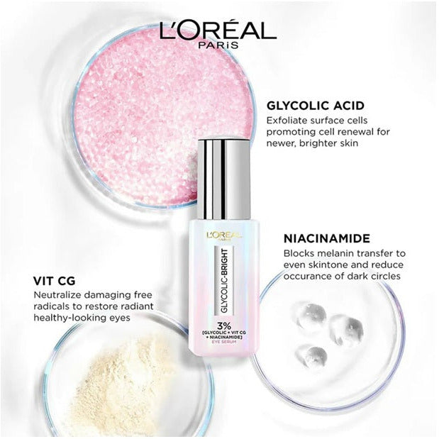 LOreal Paris Glycolic Bright Dark Circle Eye Serum With 3% [Glycolic + Vit Cg + Niacinamide] 20 ml