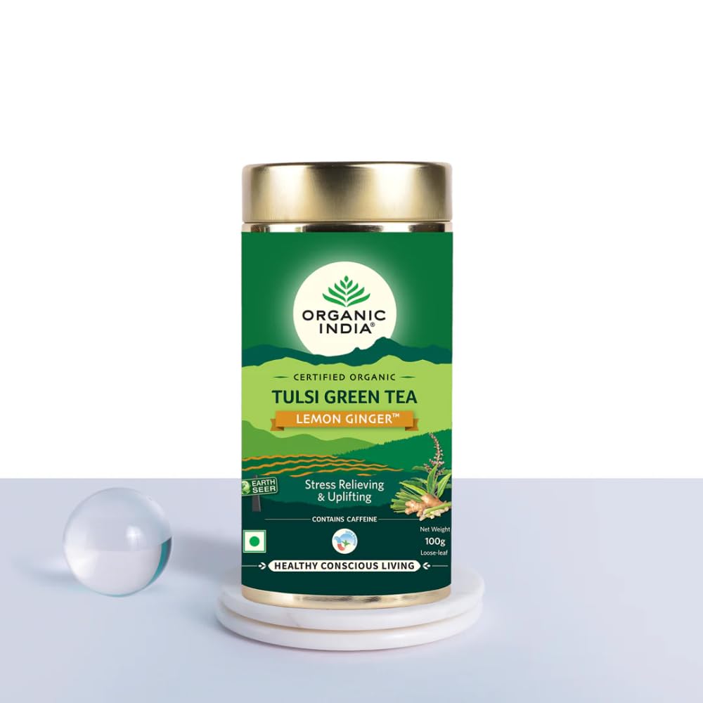 ORGANIC INDIA Tulsi Green Tea Lemon Ginger 100 gm tin