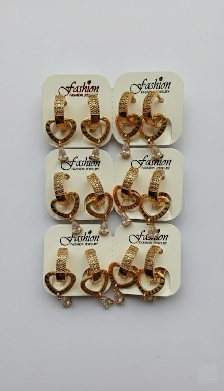 Gilded Crystal Hoop & Heart Dangle Earrings - 6 Pair