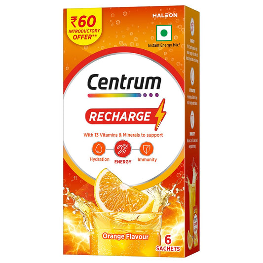 Centrum Recharge: Instant Energy Mix with No Added Sugar for Energy, Immunity, Hydration - Anytime, Anywhere!! - ORANGE FLAVOUR - Pack of 6 sachets