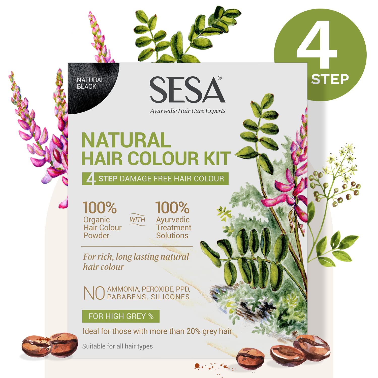 Sesa Natural Black Hair Colour Kit | For HIGH GREY% - 100% Organic & Ayurvedic