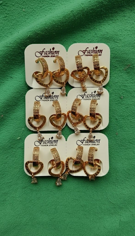 Gilded Crystal Hoop & Heart Dangle Earrings - 6 Pair