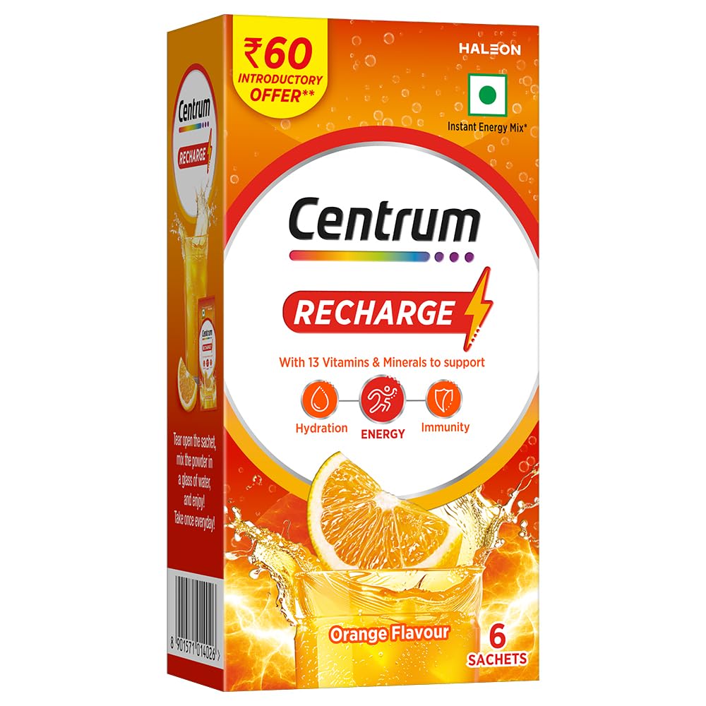 Centrum Recharge: Instant Energy Mix with No Added Sugar for Energy, Immunity, Hydration - Anytime, Anywhere!! - ORANGE FLAVOUR - Pack of 6 sachets