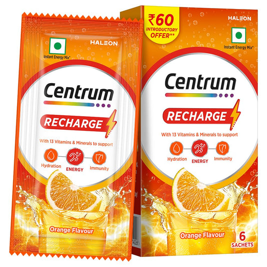 Centrum Recharge: Instant Energy Mix with No Added Sugar for Energy, Immunity, Hydration - Anytime, Anywhere!! - ORANGE FLAVOUR - Pack of 6 sachets