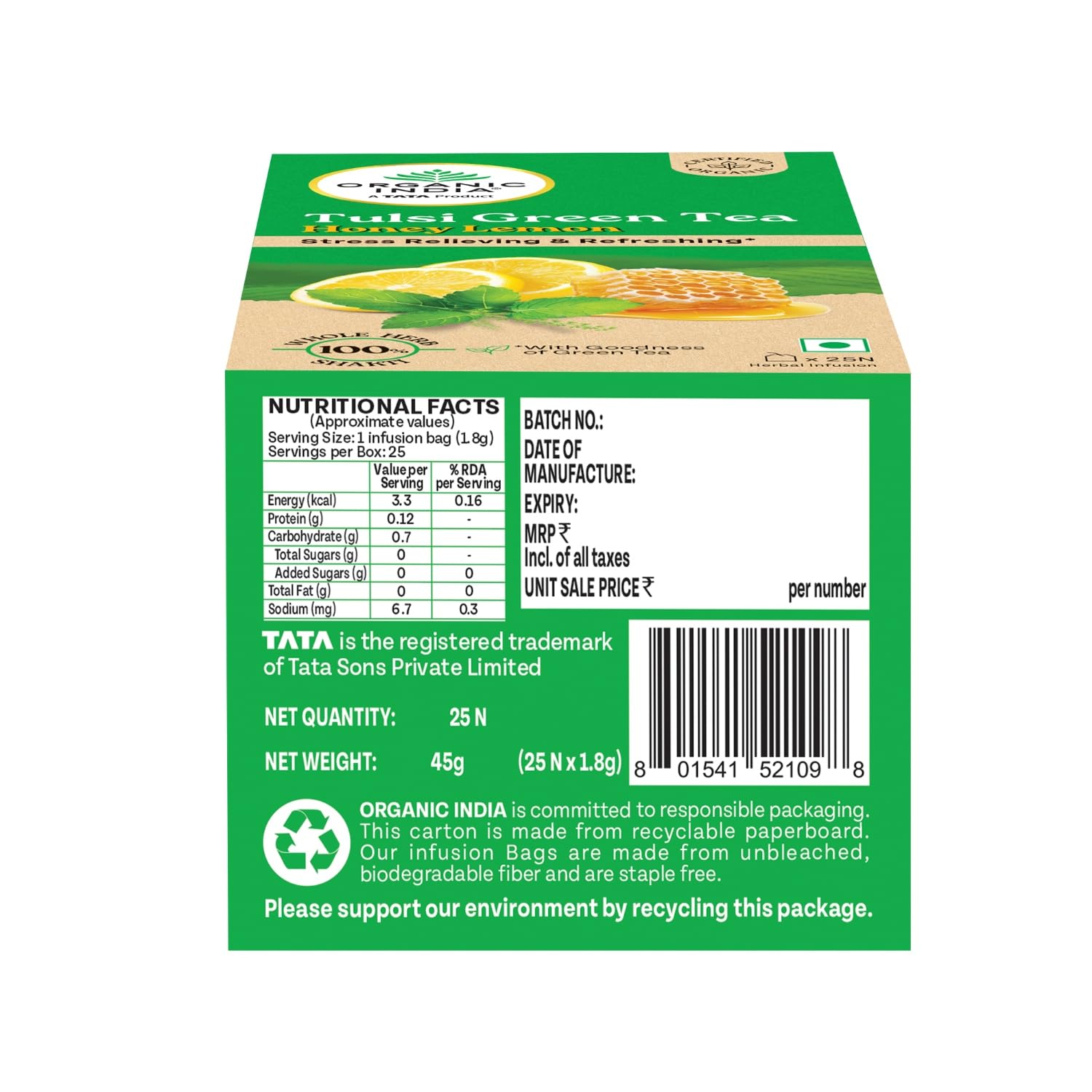 Organic India Tulsi Green Tea Honey Lemon 25 Tea bags