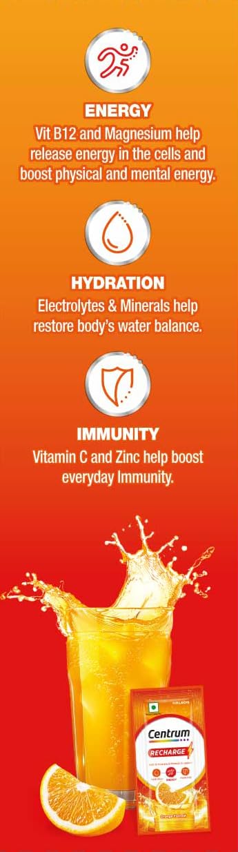 Centrum Recharge: Instant Energy Mix with No Added Sugar for Energy, Immunity, Hydration - Anytime, Anywhere!! - ORANGE FLAVOUR - Pack of 6 sachets