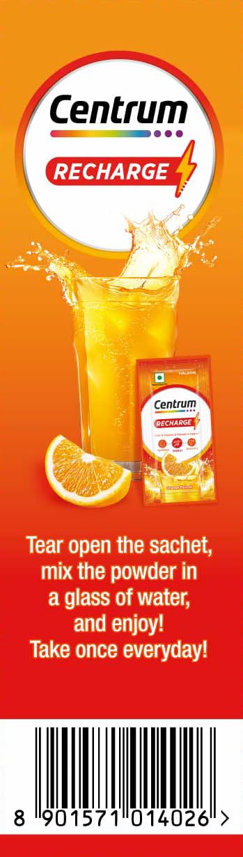 Centrum Recharge: Instant Energy Mix with No Added Sugar for Energy, Immunity, Hydration - Anytime, Anywhere!! - ORANGE FLAVOUR - Pack of 6 sachets
