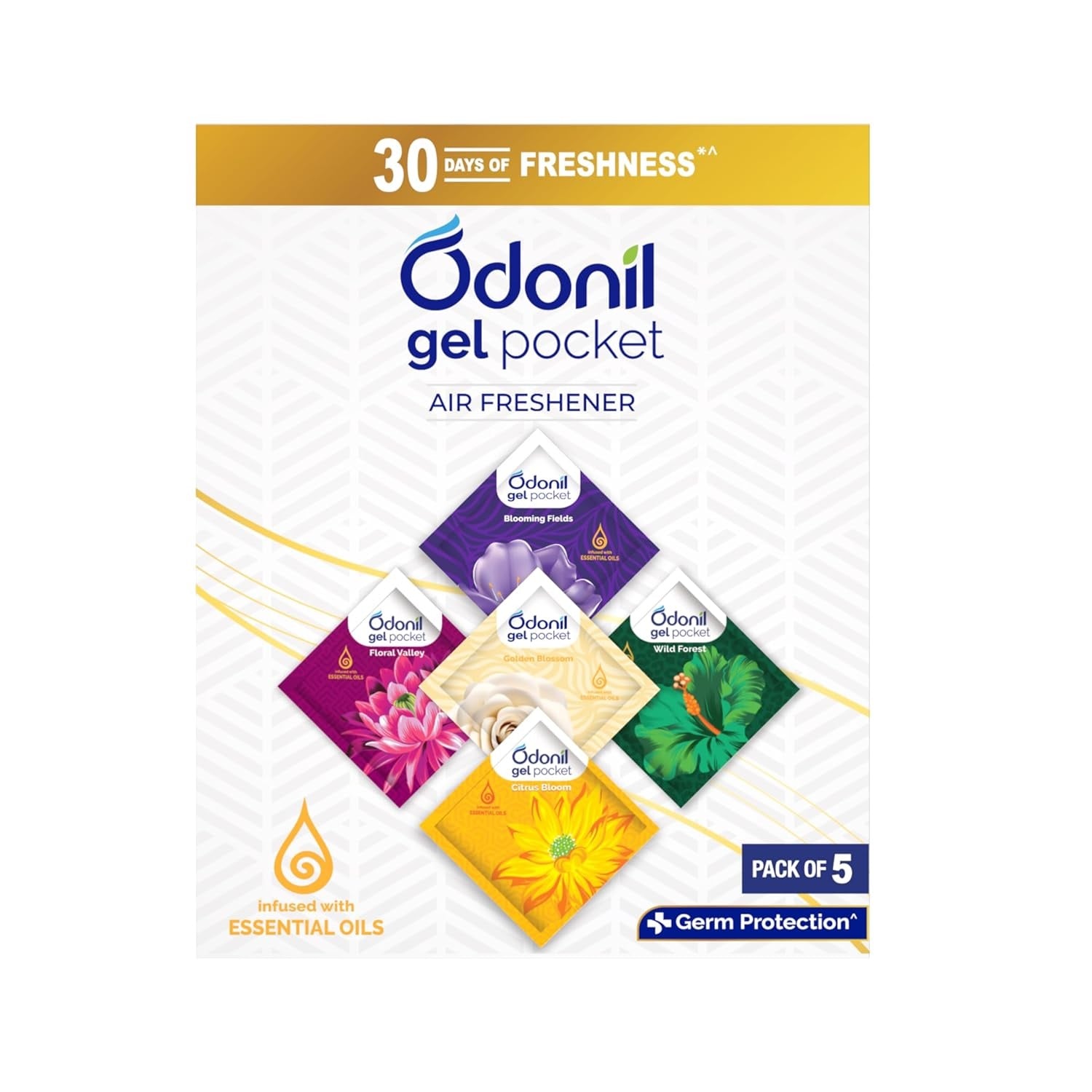 Odonil Gel Pocket – 50g (10g X5) | Pack of 5 Assorted Fragrances | Infused with Essential Oils | Germ Protection | Air Freshener for Bathroom, Toilet, Home & Office.
