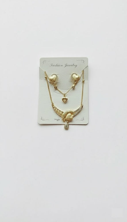 Golden Pavé Heart Necklace and Stud Earring Set
