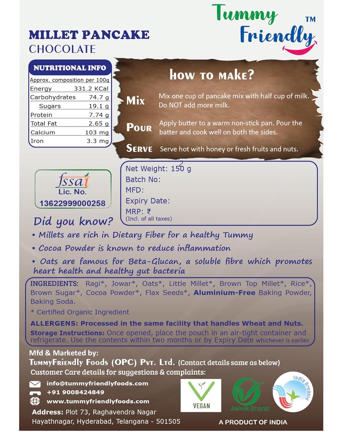 TummyFriendly Foods Aluminium-Free Millet Pancake Mix with Dates and Nuts - 800 gm