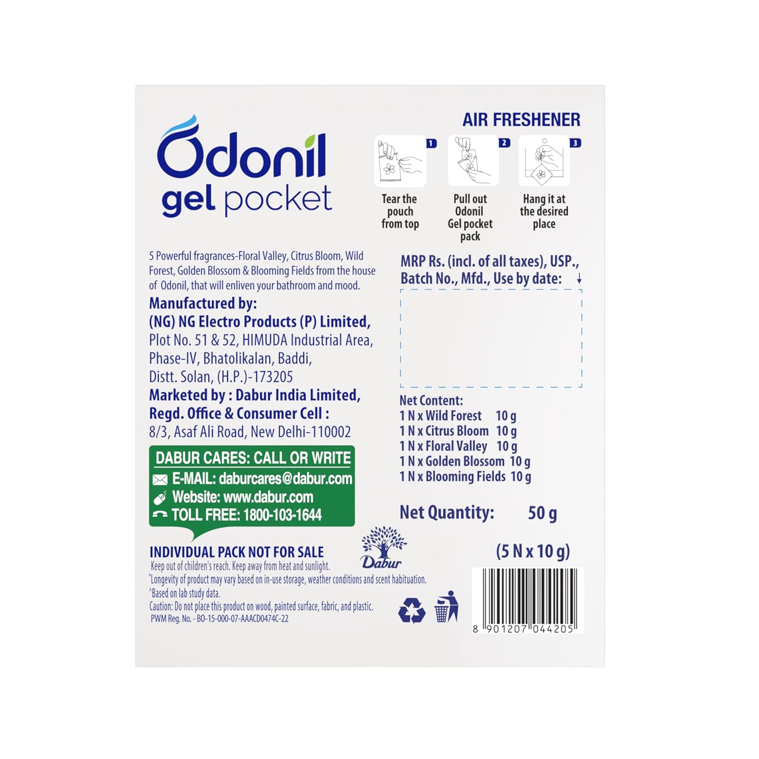 Odonil Gel Pocket – 50g (10g X5) | Pack of 5 Assorted Fragrances | Infused with Essential Oils | Germ Protection | Air Freshener for Bathroom, Toilet, Home & Office.