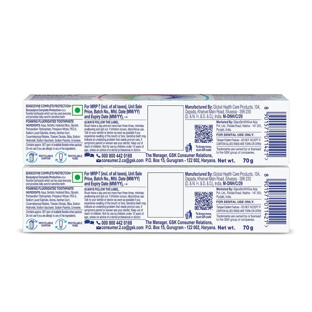 Sensodyne Toothpaste Complete Protection+ | All-in-One Daily Sensitivity Protection Tooth Paste Combo Pack - 140gm (70gm x 2) | Dentist Recommended