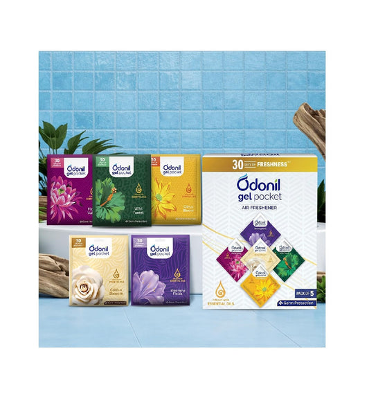 Odonil Gel Pocket – 50g (10g X5) | Pack of 5 Assorted Fragrances | Infused with Essential Oils | Germ Protection | Air Freshener for Bathroom, Toilet, Home & Office.