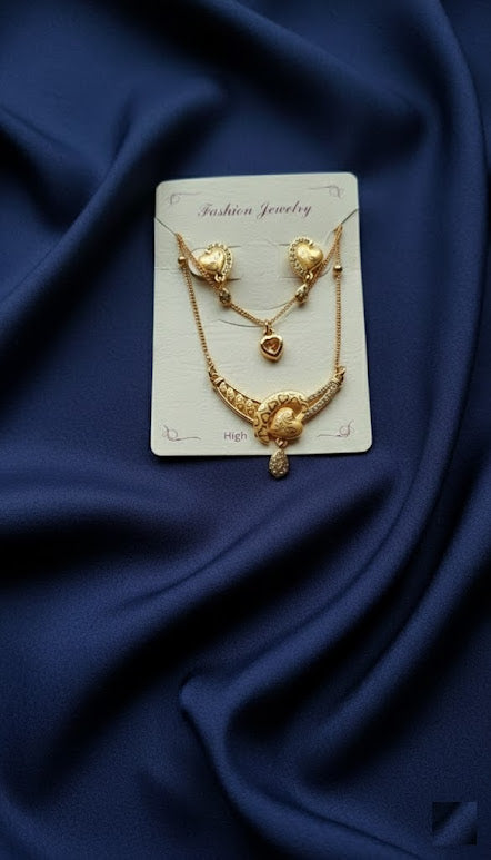 Golden Pavé Heart Necklace and Stud Earring Set