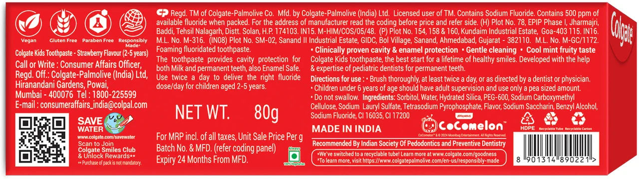 Colgate Kids Cocomelon Tooth paste for 2-5 Years (Strawberry), Cavity Protection Toothpaste (80 g)