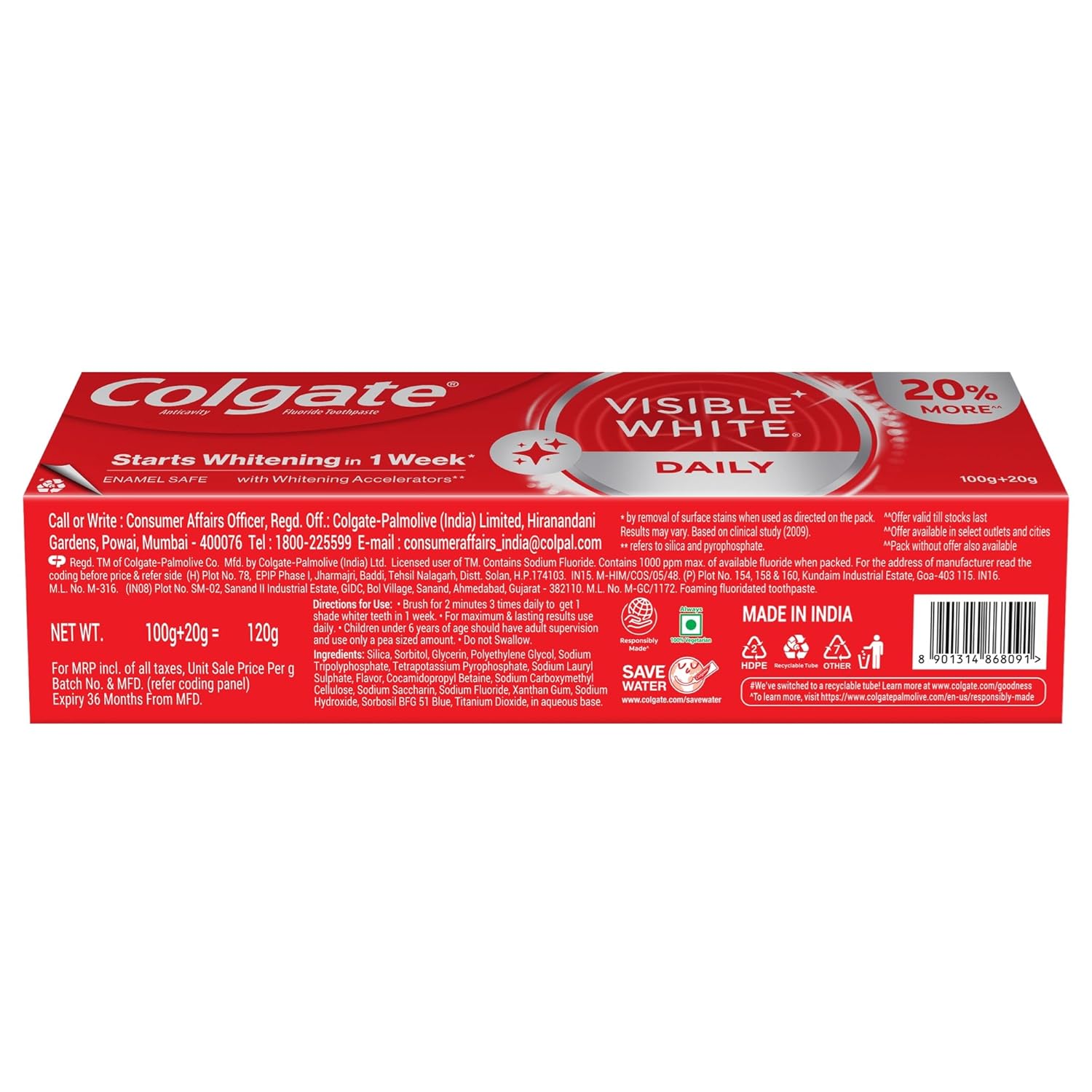 Colgate Visible White Toothpaste, Teeth Whitening Starts in 1 week, Safe on Enamel, Stain Removal Tooth Paste and Minty Flavour for Fresh Breath (100g + 20g)